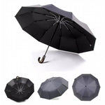 PARACHASE Parapluie automatique pliant à trois volets avec poignée en bois massif courbé et 10 baleines, Gris, Noir, Marine