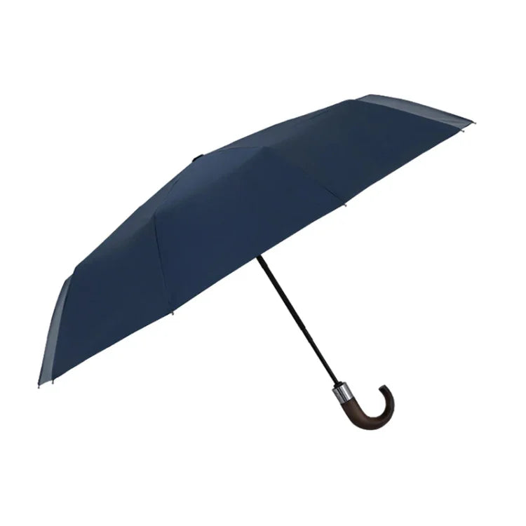 PARACHASE Parapluie automatique pliant à trois volets avec poignée en bois massif courbé et 10 baleines, Gris, Noir, Marine