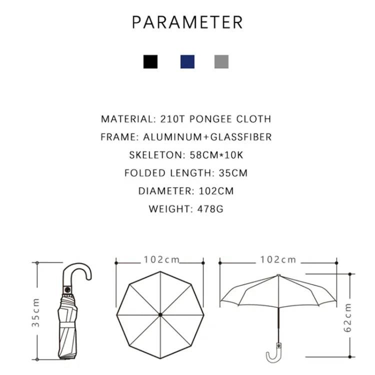 PARACHASE Parapluie automatique pliant à trois volets avec poignée en bois massif courbé et 10 baleines, Gris, Noir, Marine