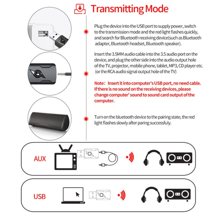 Émetteur Bluetooth 5.0 Récepteur AUX Adaptateur audio USB double sortie pour ordinateur, M136