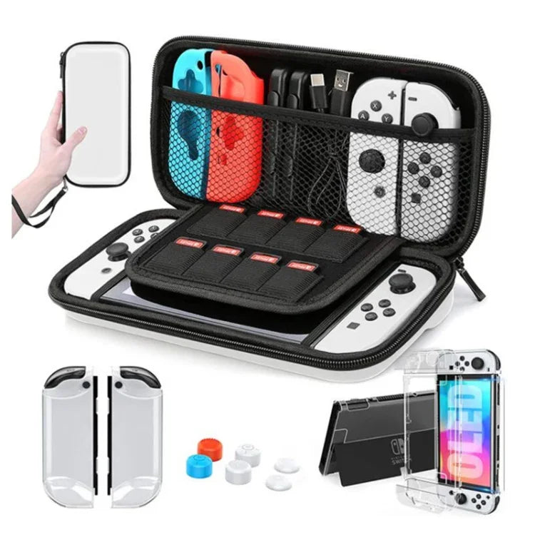 Kit de rangement pour console Switch OLED : coque en cristal, capuchon de protection, film de protection et pochette de rangement. Contient : pochette de rangement blanche 14 en 1 (avec dragonne) et pochette de rangement blanche 16 en 1.
