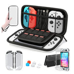 Kit de rangement pour console Switch OLED : coque en cristal, capuchon de protection, film de protection et pochette de rangement. Contient : pochette de rangement blanche 14 en 1 (avec dragonne) et pochette de rangement blanche 16 en 1.