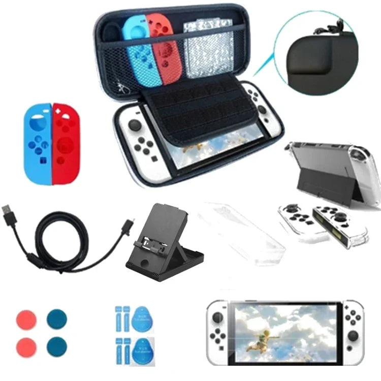 Kit de rangement pour console Switch OLED : coque en cristal, capuchon de protection, film de protection et pochette de rangement. Contient : pochette de rangement blanche 14 en 1 (avec dragonne) et pochette de rangement blanche 16 en 1.