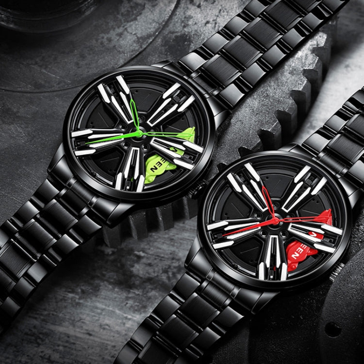 Montre homme FNGEEN L001 à roue élémentaire moto, métal, surface rouge acier noir, surface verte acier noir, surface rouge acier blanc, surface verte acier blanc, surface rouge acier noir à filet noir, surface verte acier noir à filet noir