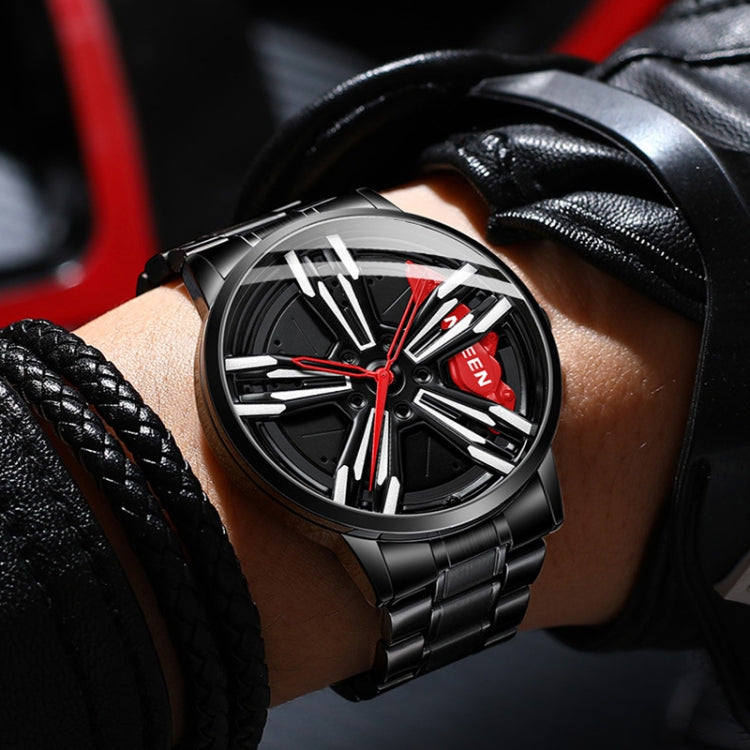 Montre homme FNGEEN L001 à roue élémentaire moto, métal, surface rouge acier noir, surface verte acier noir, surface rouge acier blanc, surface verte acier blanc, surface rouge acier noir à filet noir, surface verte acier noir à filet noir
