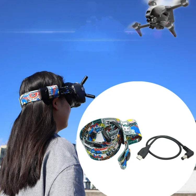 Lunettes vidéo de vol avec bandeau couleur graffiti et sangle fixe pour lunettes DJI FPV V2, sangle, sangle + câble d'alimentation, sangle + câble d'alimentation + coussinet