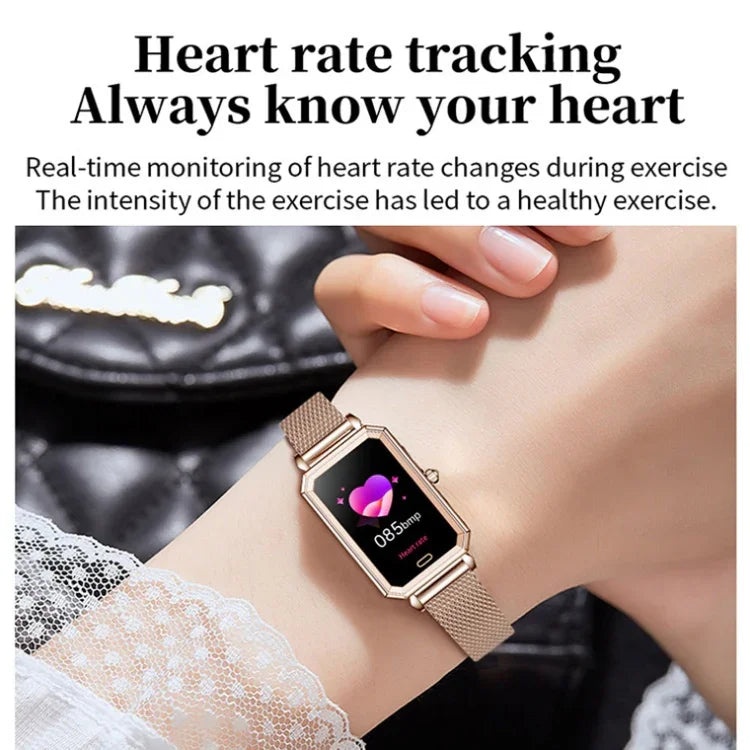 Montre connectée LOANIY HT2 1,28 pouces avec détection de la fréquence cardiaque et podomètre, Acier doré