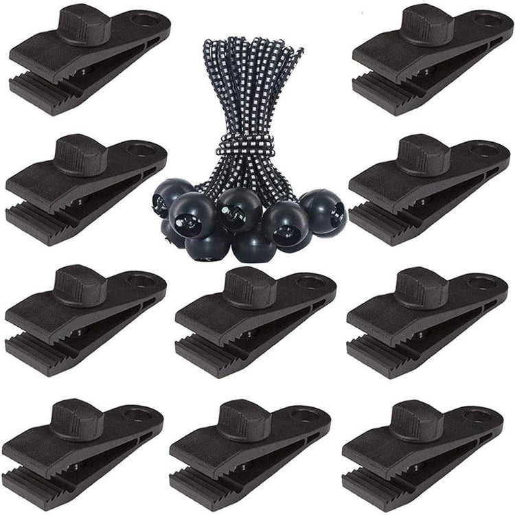 Ensemble de fixation rapide pour corde de tente coupe-vent de camping en plein air, 10 clips + 10 cordes, 10 clips + 10 cordes noires, 10 clips + 10 cordes noires + 10 boucles argentées, 10 clips + 10 cordes élastiques + 10 boucles noires