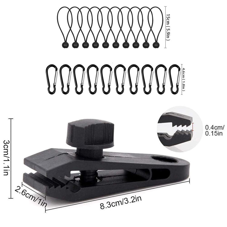Ensemble de fixation rapide pour corde de tente coupe-vent de camping en plein air, 10 clips + 10 cordes, 10 clips + 10 cordes noires, 10 clips + 10 cordes noires + 10 boucles argentées, 10 clips + 10 cordes élastiques + 10 boucles noires