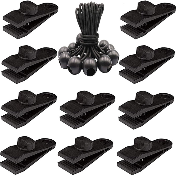 Ensemble de fixation rapide pour corde de tente coupe-vent de camping en plein air, 10 clips + 10 cordes, 10 clips + 10 cordes noires, 10 clips + 10 cordes noires + 10 boucles argentées, 10 clips + 10 cordes élastiques + 10 boucles noires