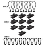 Ensemble de fixation rapide pour corde de tente coupe-vent de camping en plein air, 10 clips + 10 cordes, 10 clips + 10 cordes noires, 10 clips + 10 cordes noires + 10 boucles argentées, 10 clips + 10 cordes élastiques + 10 boucles noires