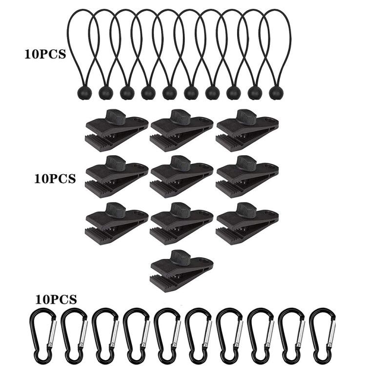Ensemble de fixation rapide pour corde de tente coupe-vent de camping en plein air, 10 clips + 10 cordes, 10 clips + 10 cordes noires, 10 clips + 10 cordes noires + 10 boucles argentées, 10 clips + 10 cordes élastiques + 10 boucles noires