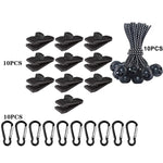 Ensemble de fixation rapide pour corde de tente coupe-vent de camping en plein air, 10 clips + 10 cordes, 10 clips + 10 cordes noires, 10 clips + 10 cordes noires + 10 boucles argentées, 10 clips + 10 cordes élastiques + 10 boucles noires