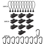 Ensemble de fixation rapide pour corde de tente coupe-vent de camping en plein air, 10 clips + 10 cordes, 10 clips + 10 cordes noires, 10 clips + 10 cordes noires + 10 boucles argentées, 10 clips + 10 cordes élastiques + 10 boucles noires