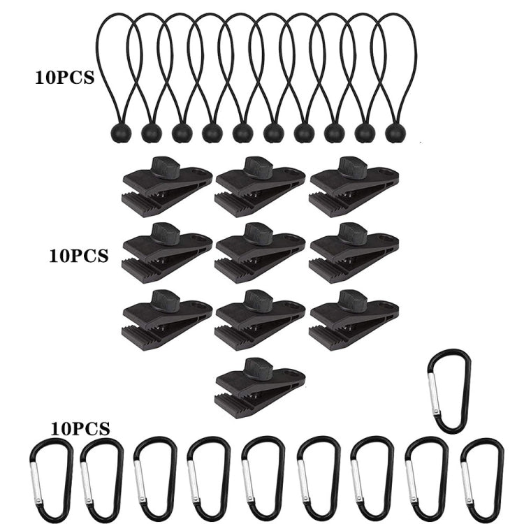 Ensemble de fixation rapide pour corde de tente coupe-vent de camping en plein air, 10 clips + 10 cordes, 10 clips + 10 cordes noires, 10 clips + 10 cordes noires + 10 boucles argentées, 10 clips + 10 cordes élastiques + 10 boucles noires
