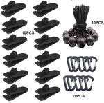 Ensemble de fixation rapide pour corde de tente coupe-vent de camping en plein air, 10 clips + 10 cordes, 10 clips + 10 cordes noires, 10 clips + 10 cordes noires + 10 boucles argentées, 10 clips + 10 cordes élastiques + 10 boucles noires