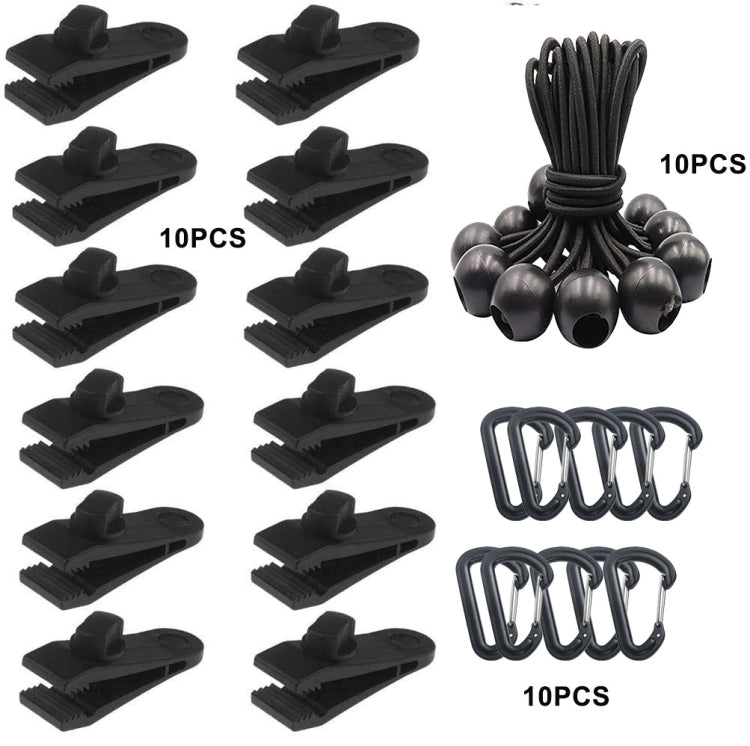 Ensemble de fixation rapide pour corde de tente coupe-vent de camping en plein air, 10 clips + 10 cordes, 10 clips + 10 cordes noires, 10 clips + 10 cordes noires + 10 boucles argentées, 10 clips + 10 cordes élastiques + 10 boucles noires