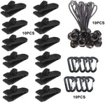 Ensemble de fixation rapide pour corde de tente coupe-vent de camping en plein air, 10 clips + 10 cordes, 10 clips + 10 cordes noires, 10 clips + 10 cordes noires + 10 boucles argentées, 10 clips + 10 cordes élastiques + 10 boucles noires