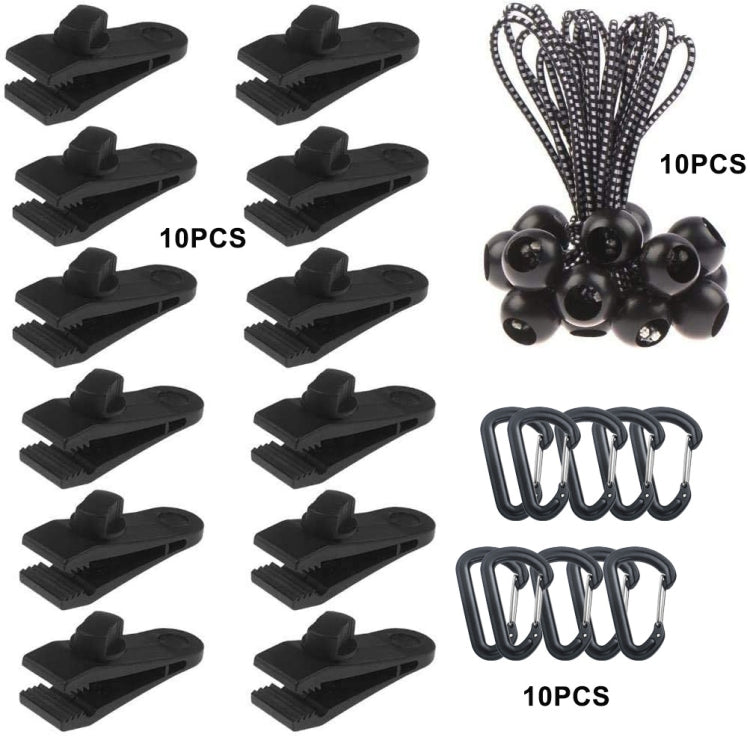 Ensemble de fixation rapide pour corde de tente coupe-vent de camping en plein air, 10 clips + 10 cordes, 10 clips + 10 cordes noires, 10 clips + 10 cordes noires + 10 boucles argentées, 10 clips + 10 cordes élastiques + 10 boucles noires