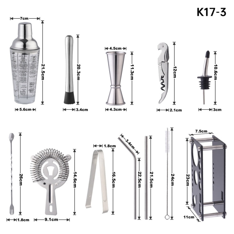 Shaker en verre 17 en 1 de 400 ml avec ensemble de shakers gradués, K17-3