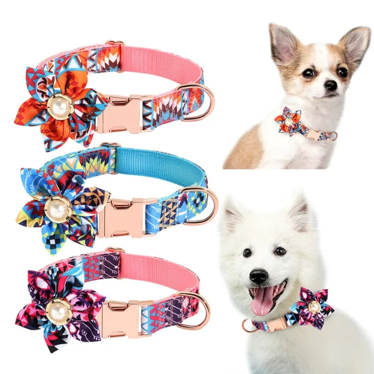 Collier pour chien réglable à fleurs avec boucle en métal personnalisable, Tailles : XS 1,5x30cm, S 1,5x40cm, M 2,0x50cm, L 2,5x60cm