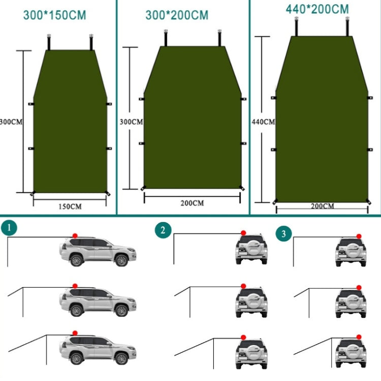 Tente de camping pique-nique extérieure sur le côté du véhicule voiture Abri pare-soleil imperméable, 300x150cm, 300x200cm, 200x440cm