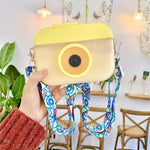 Gobelet en plastique en forme d'appareil photo pour enfants avec paille, pour jus de fruits, voyages et loisirs, rose, bleu, violet, jaune