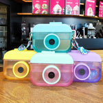 Gobelet en plastique en forme d'appareil photo pour enfants avec paille, pour jus de fruits, voyages et loisirs, rose, bleu, violet, jaune