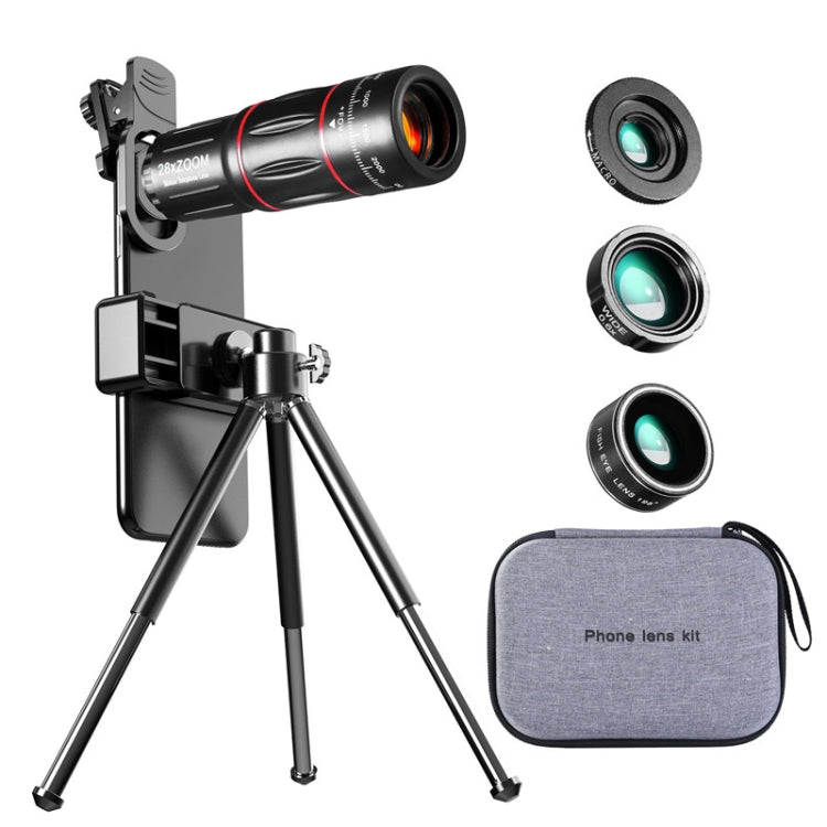 Ensemble Télescope Universel pour Téléphone Portable 28X + Grand Angle 0,6X + Macro 20X + Fish-eye 198 Degrés, Ensemble Multi-combinaison