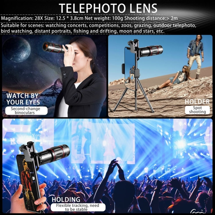Ensemble Télescope Universel pour Téléphone Portable 28X + Grand Angle 0,6X + Macro 20X + Fish-eye 198 Degrés, Ensemble Multi-combinaison