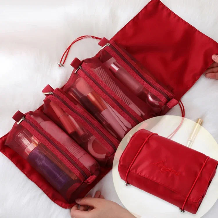Trousse de Toilette Portable Imperméable en Maille 4-en-1 pour Femmes, Rouge, Vert, Noir, Violet, Kaki, Rose Cerise