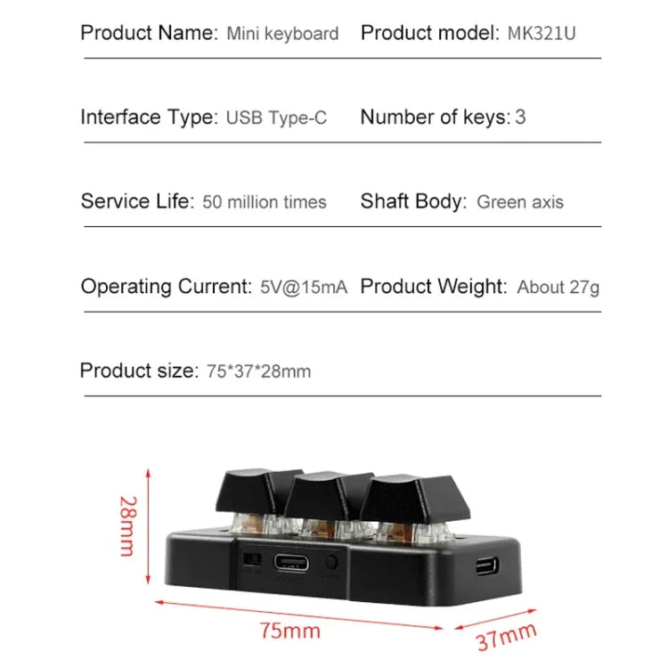 MK321 Clavier à 3 touches personnalisées pour jeux et bureau PS Clip, pavé de programmation macro, longueur de câble : 1,5m, Blanc, Noir