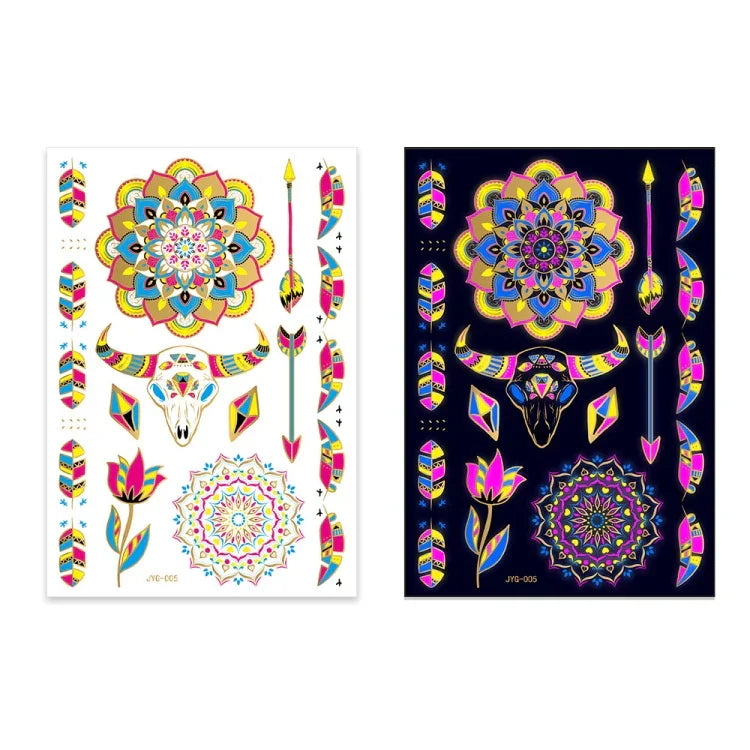 2 autocollants de tatouage étanches fluorescents bronzants, JYG-001, JYG-002, JYG-003, JYG-004, JYG-005, JYG-006, JYG-007, JYG-008