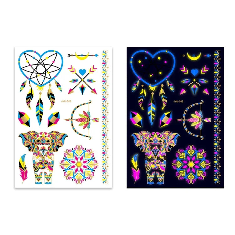 2 autocollants de tatouage étanches fluorescents bronzants, JYG-001, JYG-002, JYG-003, JYG-004, JYG-005, JYG-006, JYG-007, JYG-008