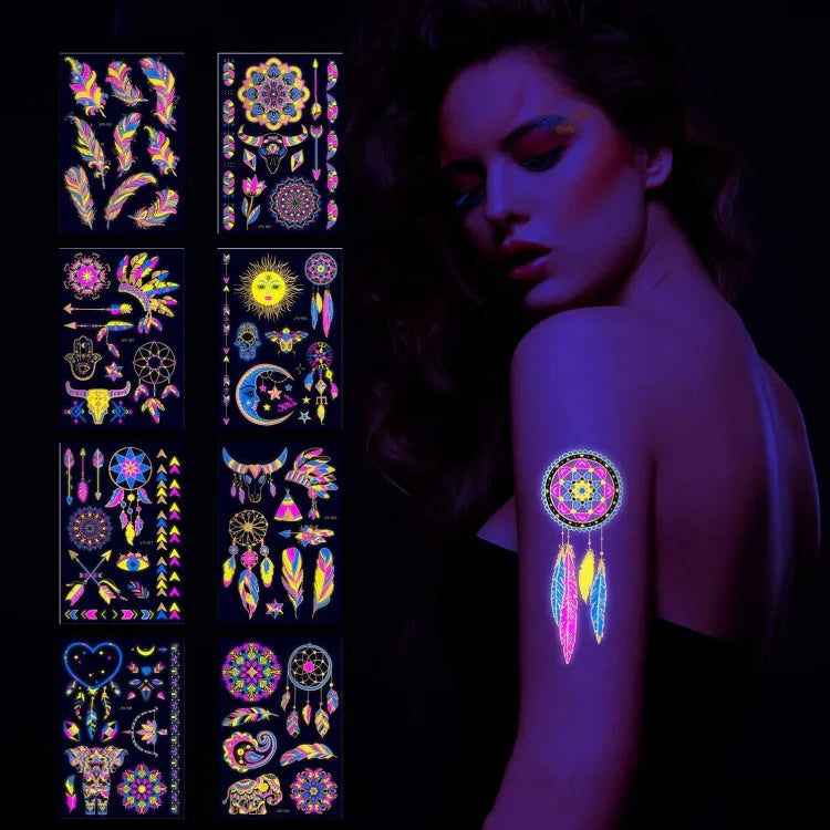 2 autocollants de tatouage étanches fluorescents bronzants, JYG-001, JYG-002, JYG-003, JYG-004, JYG-005, JYG-006, JYG-007, JYG-008