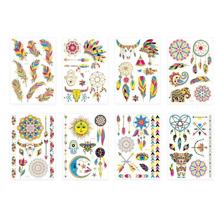 2 autocollants de tatouage étanches fluorescents bronzants, JYG-001, JYG-002, JYG-003, JYG-004, JYG-005, JYG-006, JYG-007, JYG-008