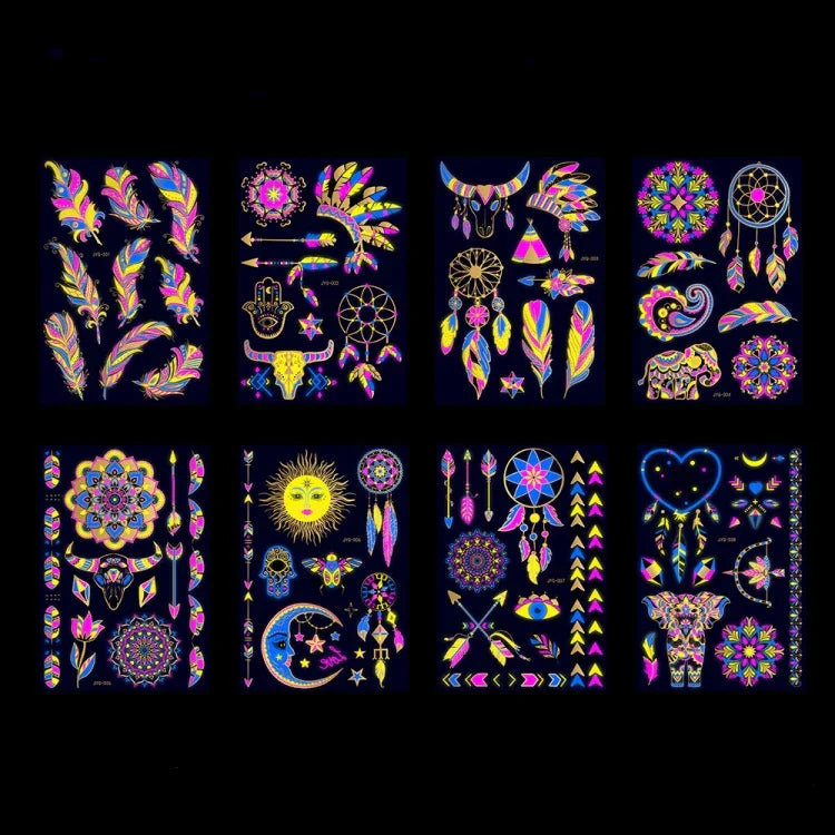 2 autocollants de tatouage étanches fluorescents bronzants, JYG-001, JYG-002, JYG-003, JYG-004, JYG-005, JYG-006, JYG-007, JYG-008