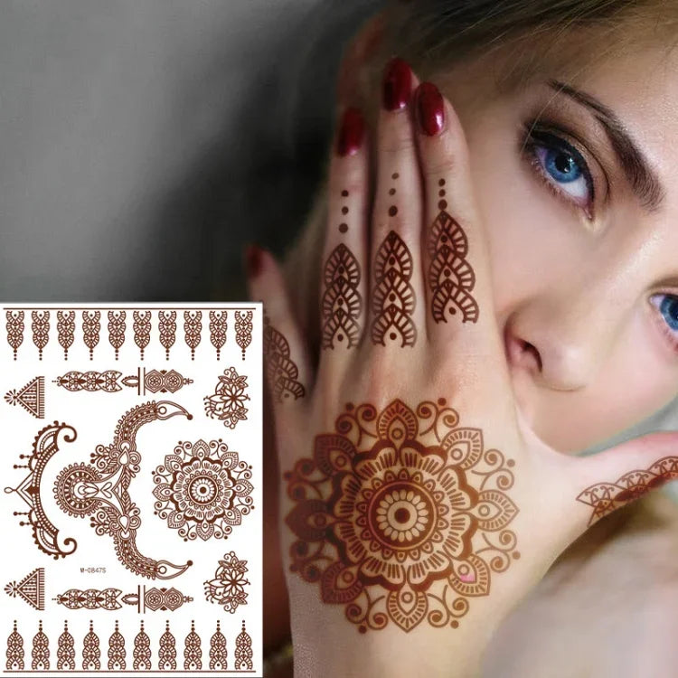 5 autocollants de tatouage semi-permanent en dentelle marron rouge, imperméables, 208 x 148 mm