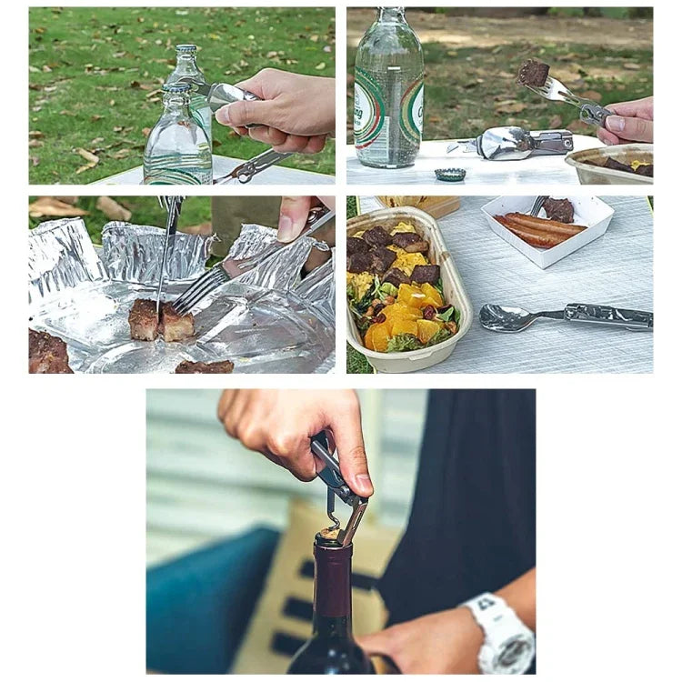 6-in-1 Folding Tableware (Fork/Knife/Spoon/Bottle Opener) for Camping and Survival