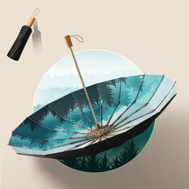 Parasol pliant anti-UV rétro à trois plis avec poignée en bois et 16 baleines, Arbre Yunchun, Montagnes au coucher du soleil, Jiangnan Yi, Ao Hanmei, Ville Chrysanthème