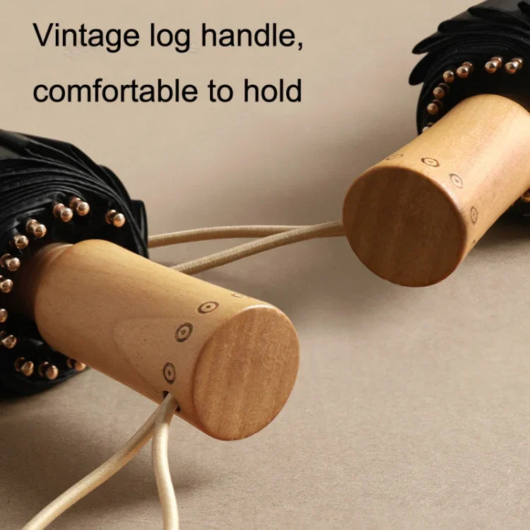 Retro Tri-Fold Wooden Handle 16-Bone Folding Sunscreen Parasol, Yunchun Tree, Sunset Mountains, Jiangnan Yi, Ao Hanmei, Chrysanthemum City