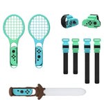Ensemble de sport 7 en 1 DOBE TNS-2123 pour Nintendo Switch : sabre laser, sangle de jambe, raquette de tennis et dragonne.