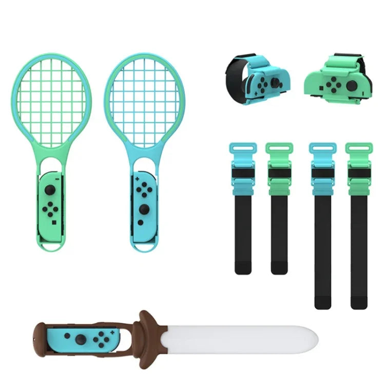 Ensemble de sport 7 en 1 DOBE TNS-2123 pour Nintendo Switch : sabre laser, sangle de jambe, raquette de tennis et dragonne.