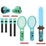 Ensemble de sport 7 en 1 DOBE TNS-2123 pour Nintendo Switch : sabre laser, sangle de jambe, raquette de tennis et dragonne.