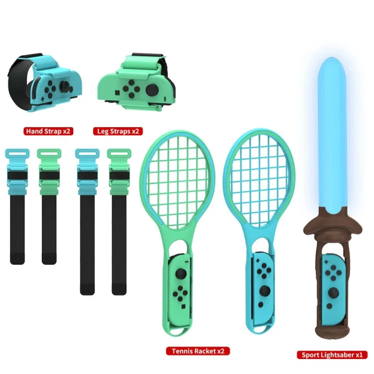 Ensemble de sport 7 en 1 DOBE TNS-2123 pour Nintendo Switch : sabre laser, sangle de jambe, raquette de tennis et dragonne.