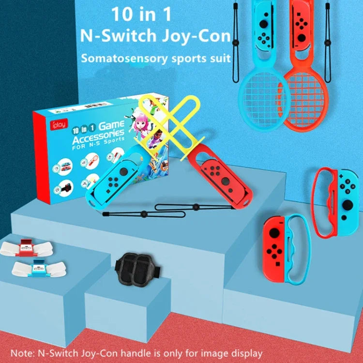 Ensemble de sport IPLAY HBS-447 10 en 1 pour Nintendo Switch : poignée, dragonne, sangle, sabre laser et raquette.