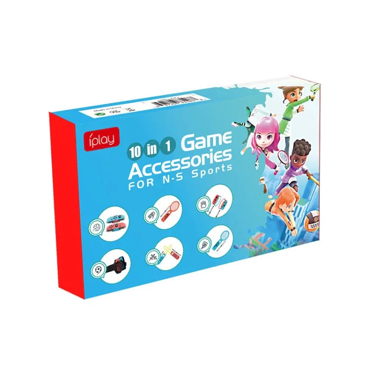 Ensemble de sport IPLAY HBS-447 10 en 1 pour Nintendo Switch : poignée, dragonne, sangle, sabre laser et raquette.