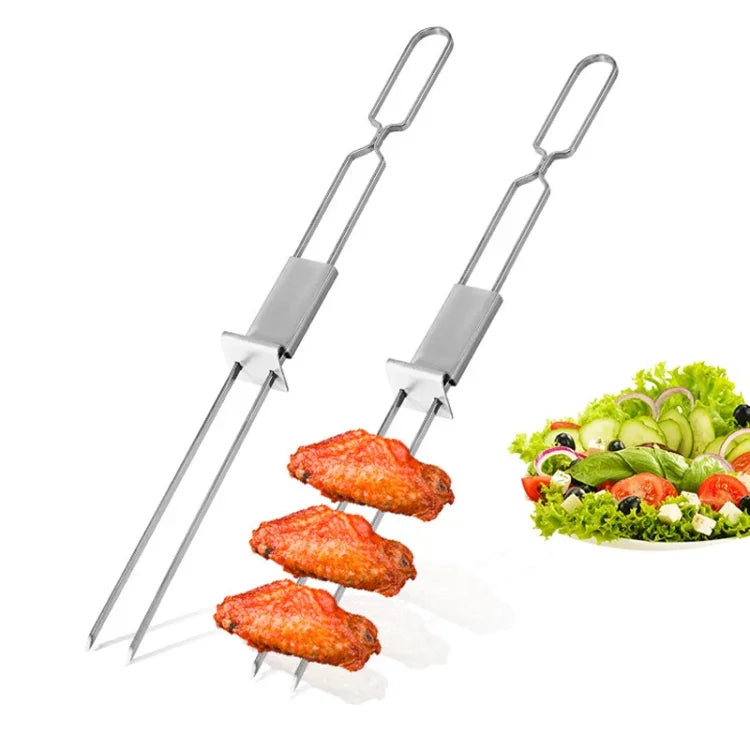 2 Pcs Fourchette de barbecue semi-automatique à double tête en acier inoxydable Outil de barbecue extérieur, 2 Pcs Outil de barbecue
