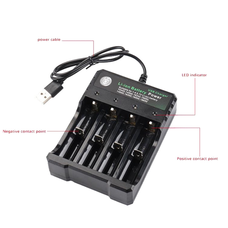 Chargeur USB indépendant 4 emplacements pour batterie lithium 18650 4,2 V, 4 emplacements USB (noir)