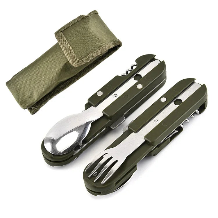 Vaisselle de camping en acier inoxydable, couteau, fourchette et cuillère pliants combinés